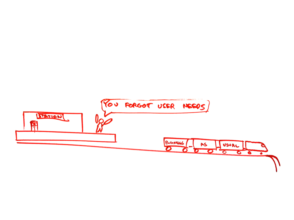 Red pen sketch of a person at a train station shouting, "YOU FORGOT USER NEEDS" after a "business as usual" train that has left the platform