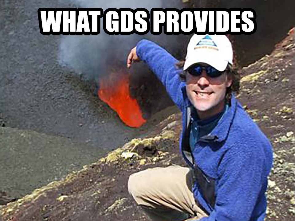 Meme 2 of 2. Photo of crouching man, awkwardly smiling while pointing at a fire, caption "WHAT GDS PROVIDES"